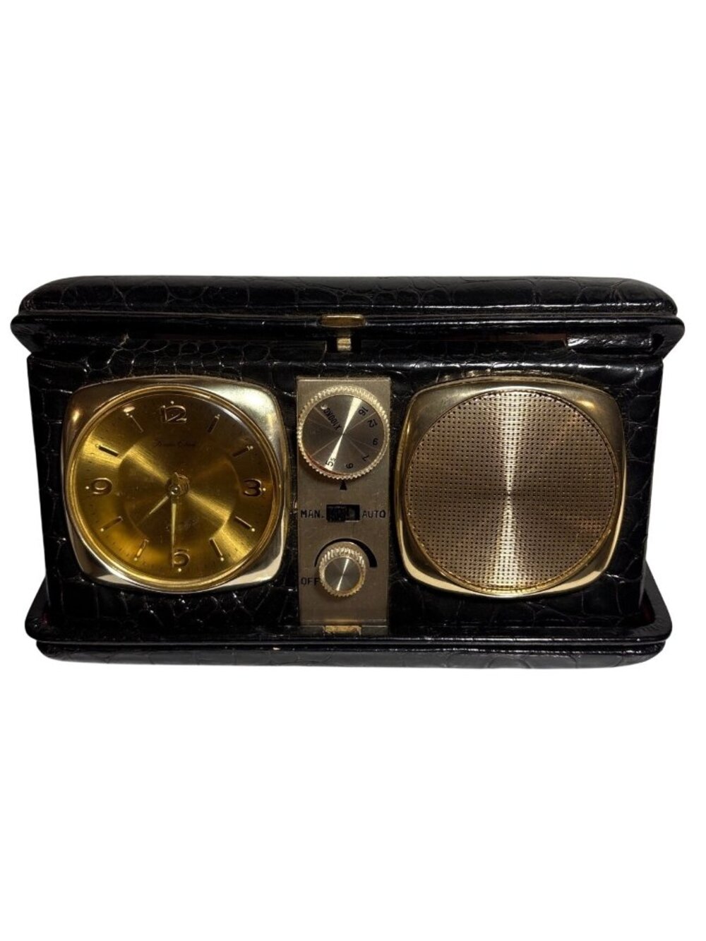Vintage Travel Radio Clock With Faux Crocodile Case & Manual 7" Long